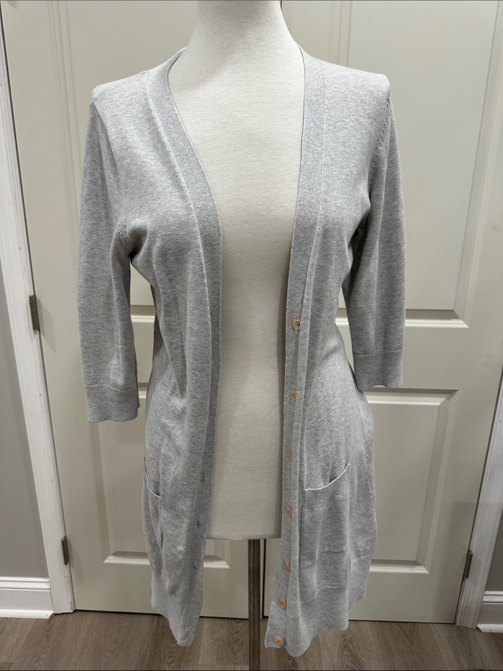 Kersh Light Gray Long Open-Front Button Cardigan
